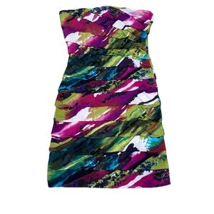Vtg Y2K 1990’s 90’s multi-colored, strapless, ruched cocktail dress SzL,WMN RARE